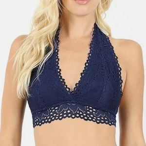 Navy Bralette Plunge V-neck Halter Lace Lined Bra